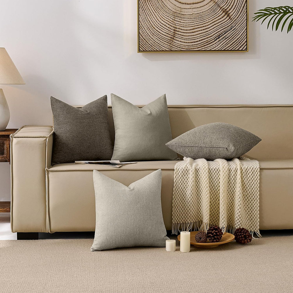 Natural Linen Look Throw Pillow Covers 18x18 Inch Set of 4, Textured Woven De...