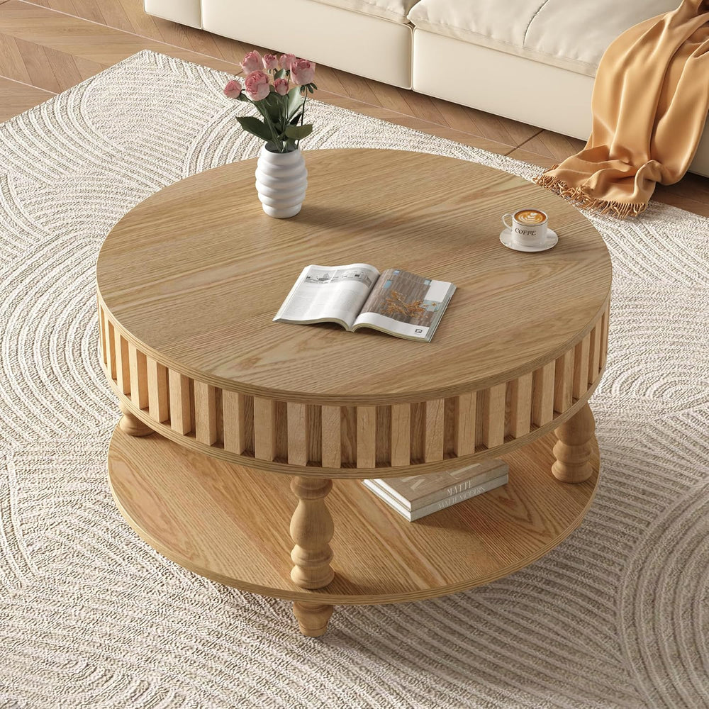 TesNus 31.5'' Round Coffee Table with Storage, Modern Wood Coffee Tab...