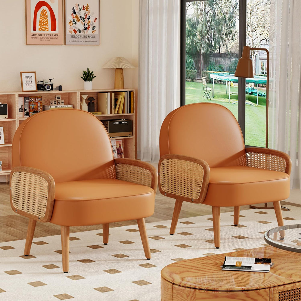Aklaus Mid Century Modern Accent Chair Set of 2 Armchair with Rattan Arms Uph...