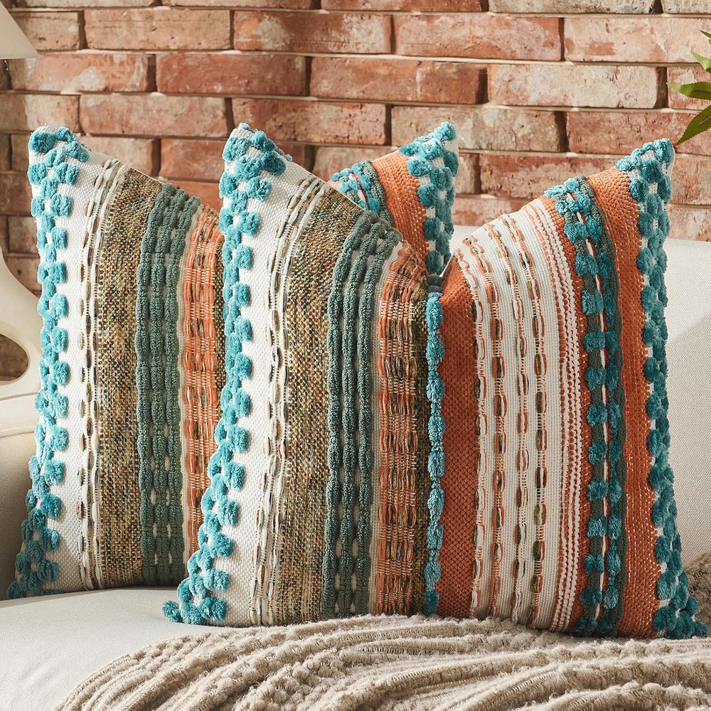 Set of 2 Chenille Tufted Striped Textured Boho Throw Pillow Covers Aesthetic ...