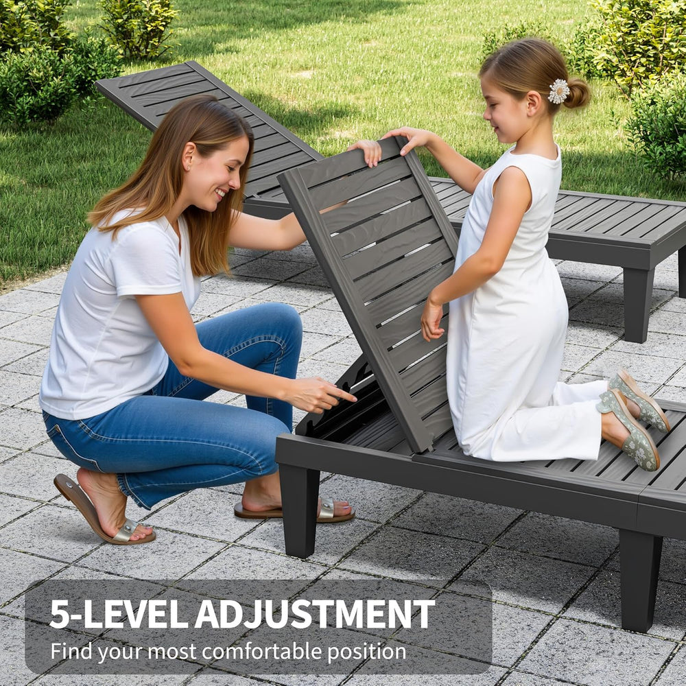 Outdoor Chaise Lounges, Patio Lounge Chair (Black Wood Grain, Set of 2)