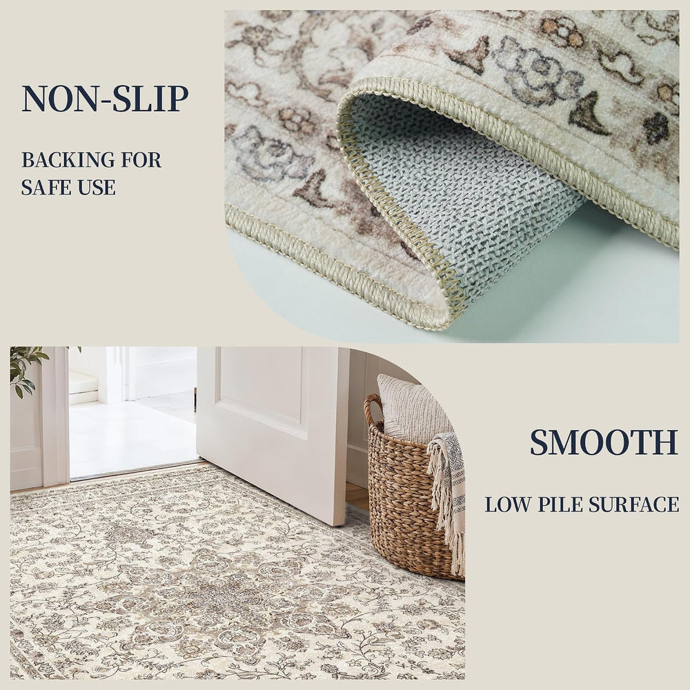 8x10 Washable Area Rug - Ivory Vintage Rug for Living Room Bedroom