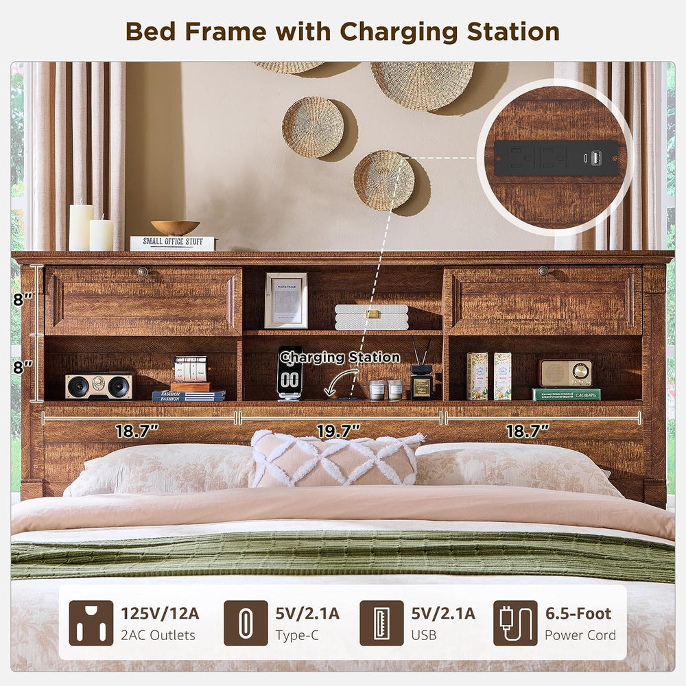 Farmhouse Queen Size Bed Frame with 54" Tall Headboard, 2 Footboard Drawers