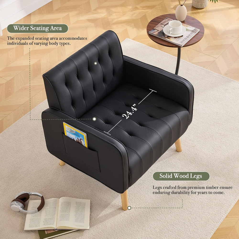 Leather Accent Chair Set of 2, Living Room Chair with Wooden Legs (Black)