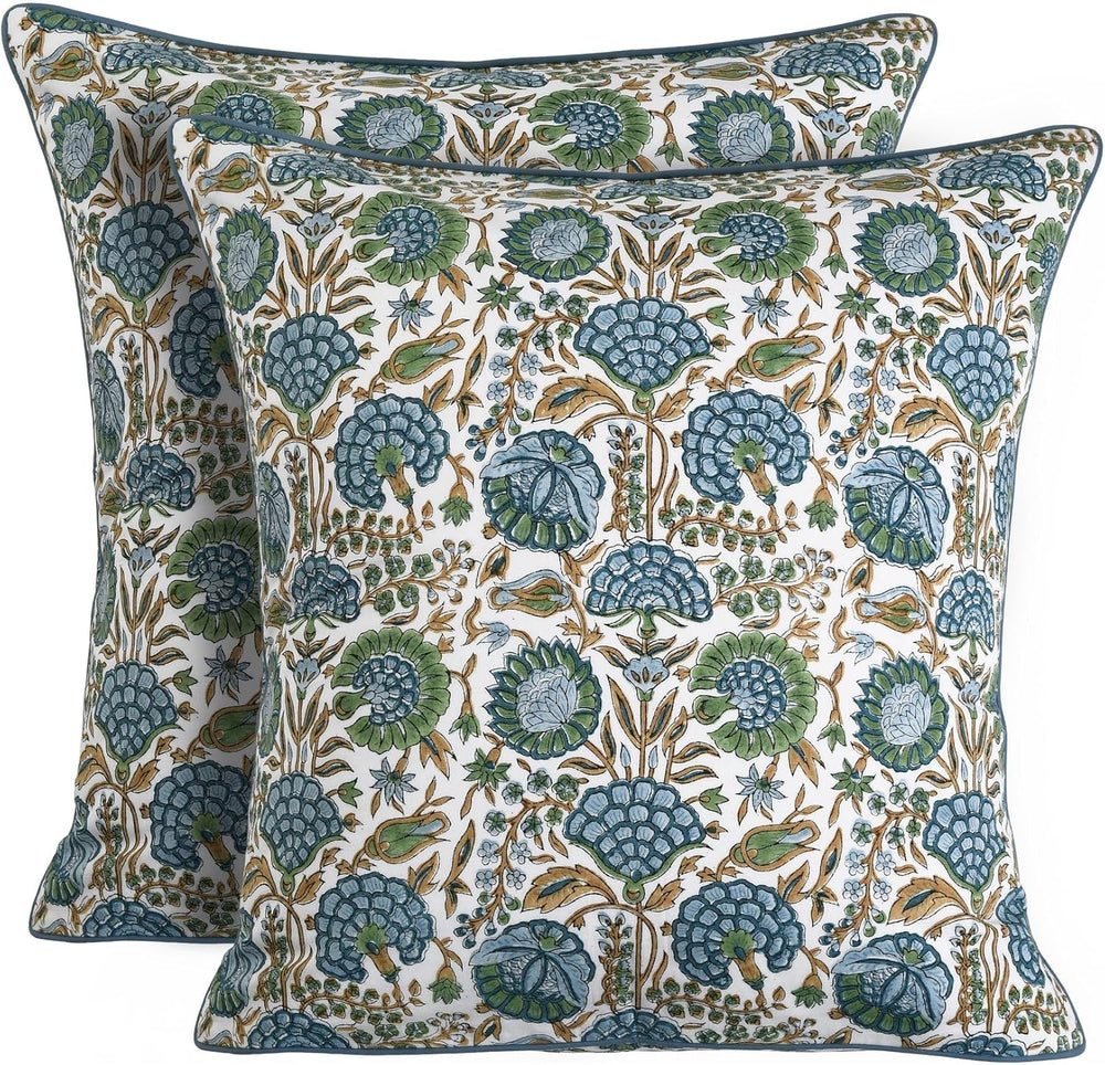 Ridhi Asparagus Green Block Print Cotton Pillow Cover 18x18 Inch Set of 2