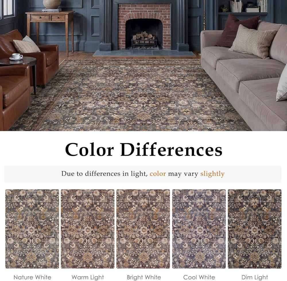 HUGEAR 8x10 Brown Blue Vintage Floral Washable Area Rug for Living Room