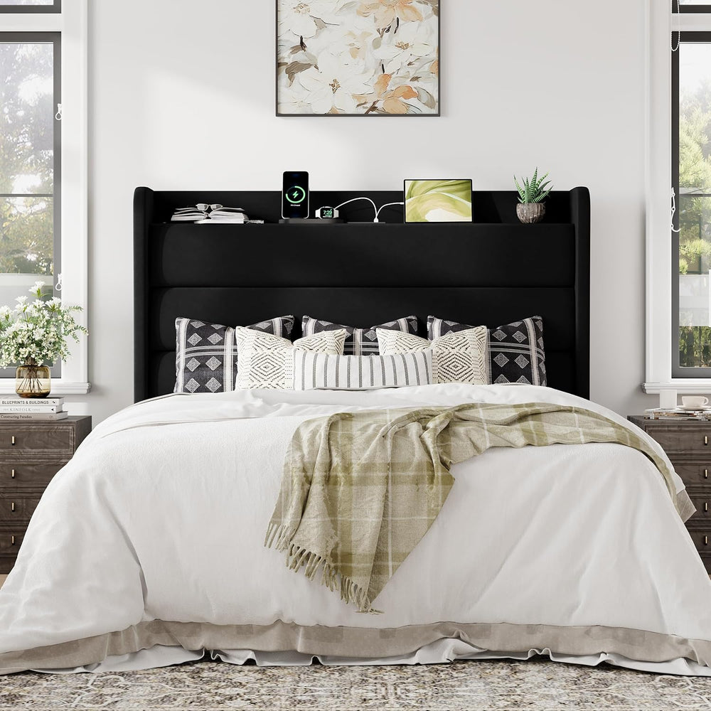 Allewie Full Size Upholstered Bed Frame with Charging Station, Black
