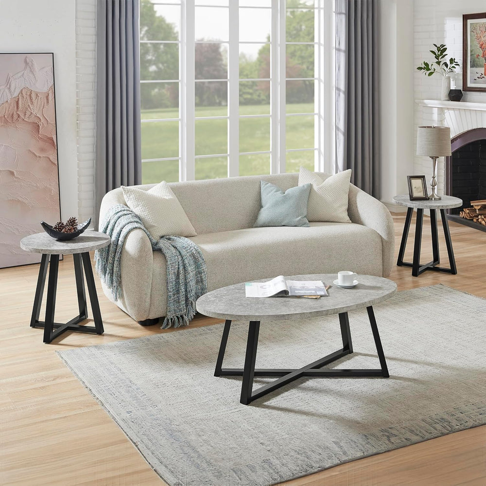 Polay Coffee Table Set 3-Piece Oval Wood with 2 Round End Tables | Modern 3-p...