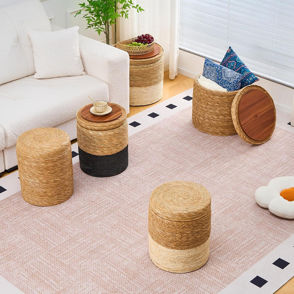 Round Storage Pouf Ottoman Hand Weaving Natural Boho Straw Footstool Pouffe