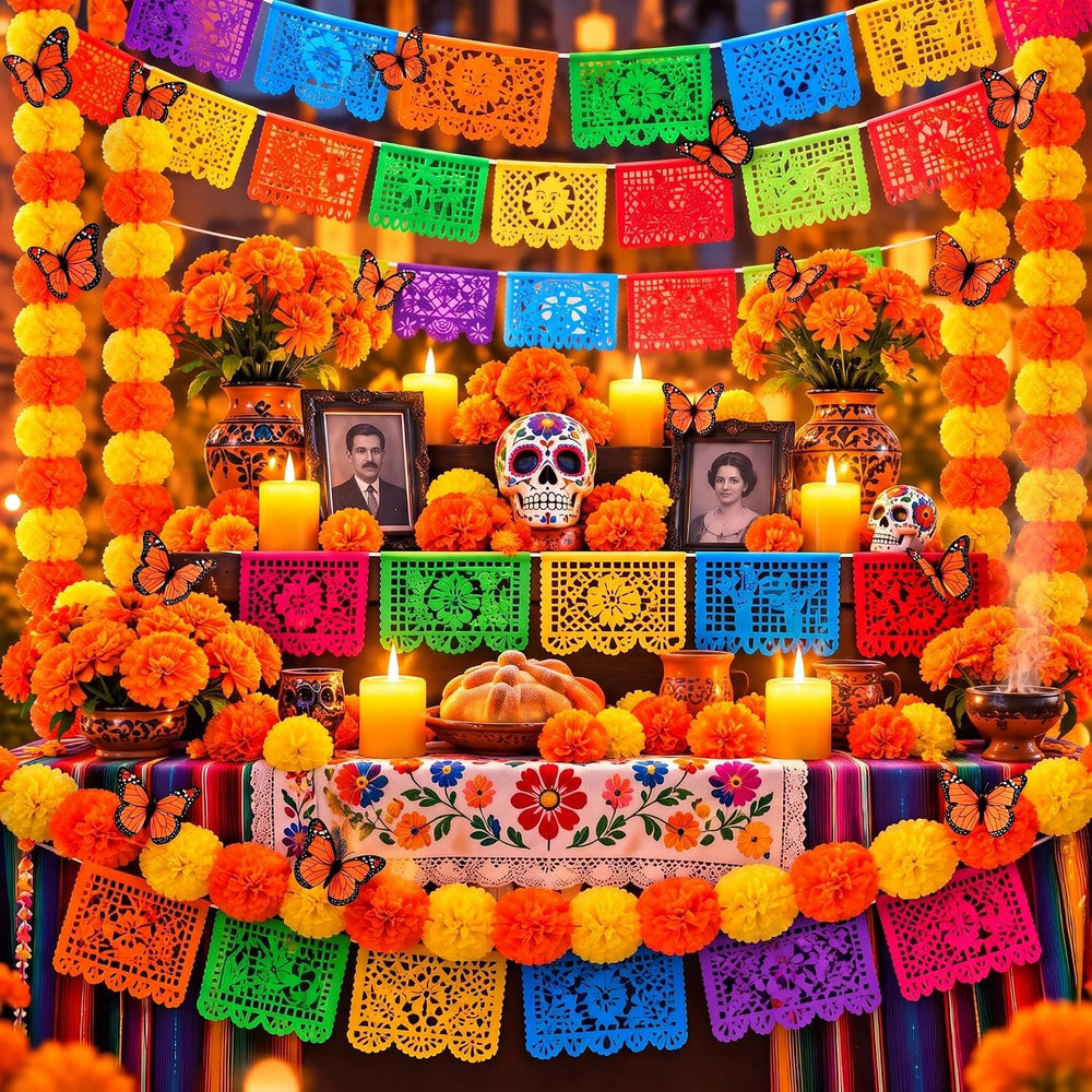 236 Pcs Day of the Dead Decoration Set 100 Artificial Marigold with Stem 4 Ca...