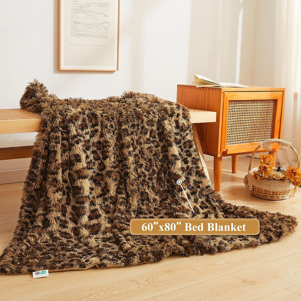 XeGe Luxury Faux Fur Leopard Print Blanket, Cheetah Brown, 60"x80"