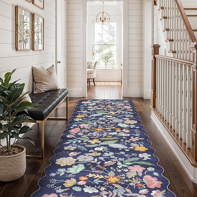 Washable Non-Slip Runner Rug 2x8: Water-Resistant Floral Kitchen Rug Indoor Low