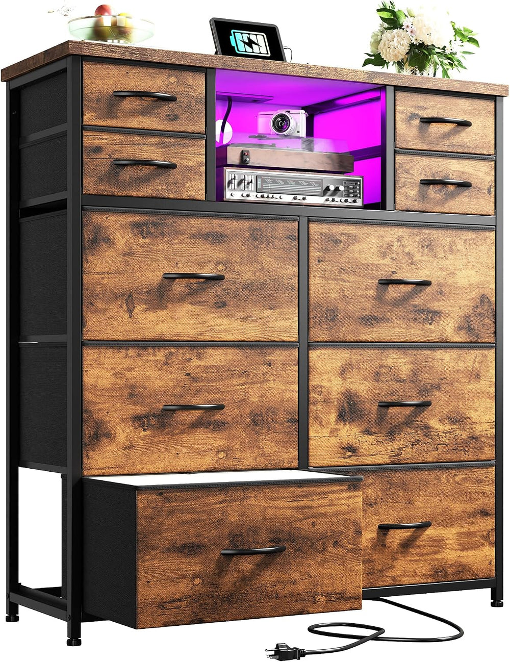 10-Drawer Tall Dresser for Bedroom, LED & Charging Station, Brown