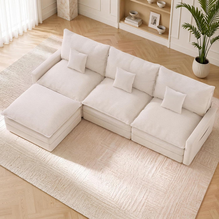 107" Modular Sectional Sofa, L Shaped Cloud Couch with Movable Ottoman | 4 Seat Corduroy Sectional Couch with Throw Pillows & Side Pockets, Deep Seat Modern Couches for Living Room, Apartment