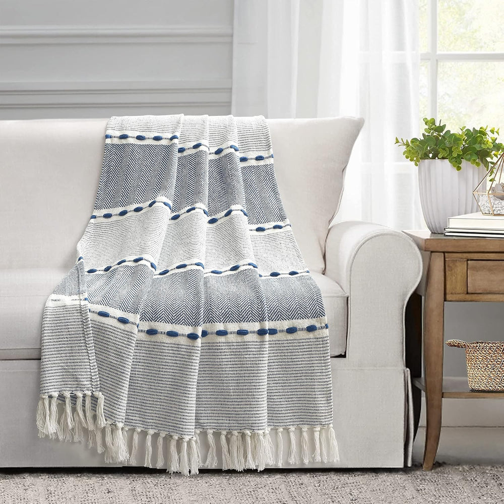 Lush Decor Herringbone Stripe Woven Tassel Yarn Dyed Cotton Tassel Throw Blan...