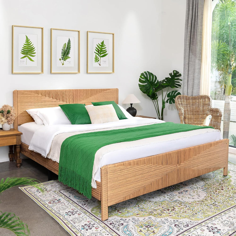 Hand-Woven PE Rattan King Bed Frame with Headboard and Footboard, Boho Mid Ce...