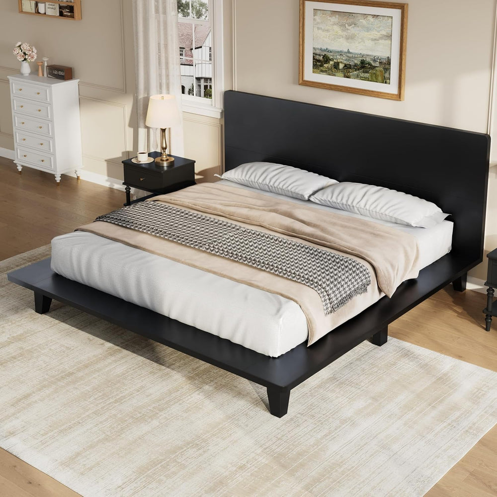 Full Size Japanese Wooden Bed Frame with Black Headboard