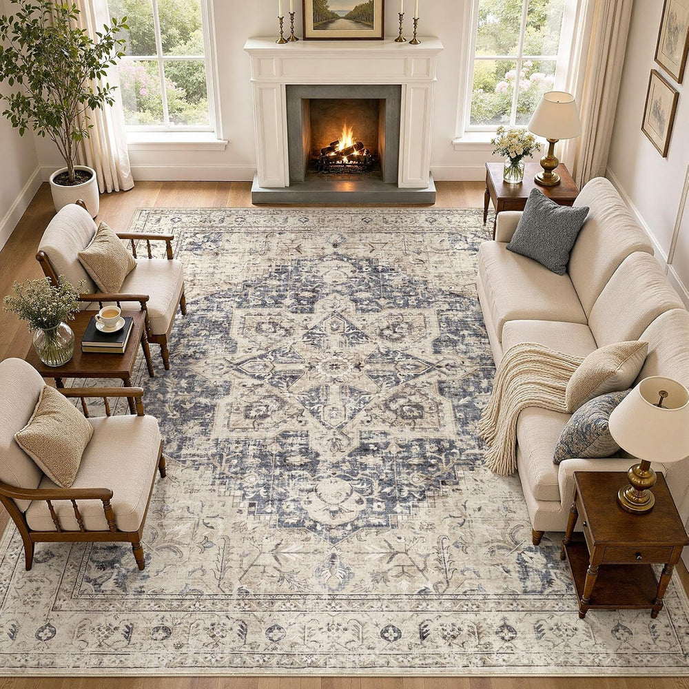 Tortania Area Rug 10x14 Living Room Rug Washable Soft Cream/Blue