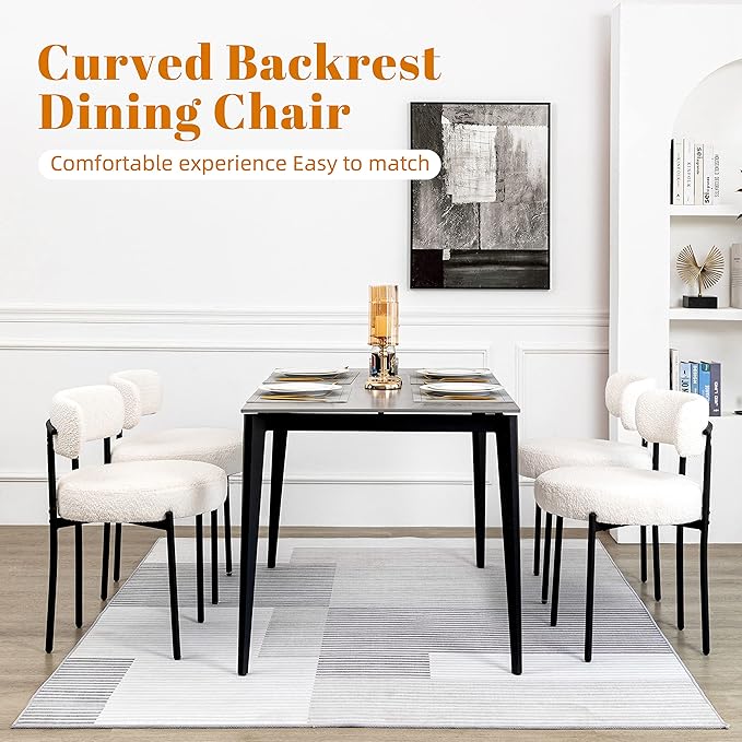 DYHOME White Boucle Dining Chairs Set of 2, Mid Century Modern Kitchen Chairs...