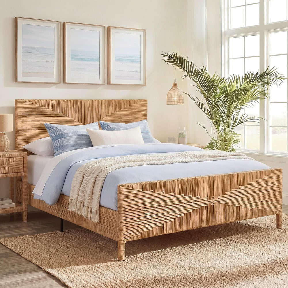 Brafab Boho Queen Rattan Bed Frame with Headboard and Footboard