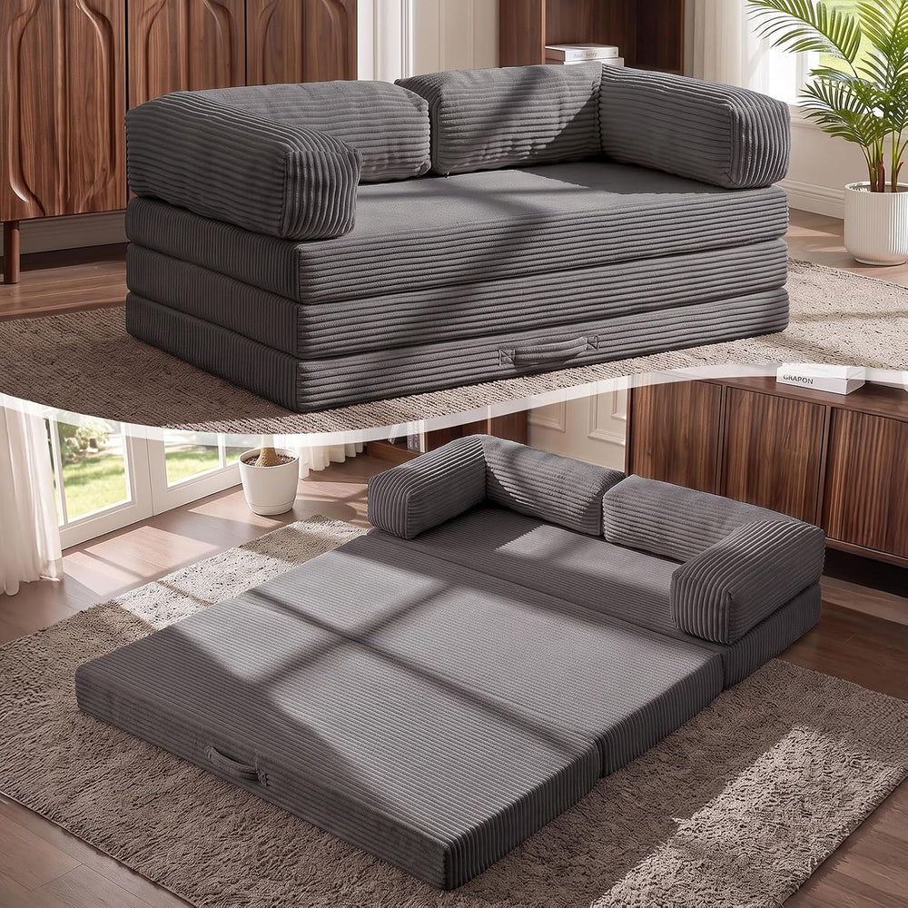 5-in-1 Convertible Sofa Bed,60" Boneless Couch with Pull Out Bed,Tri-Fol...