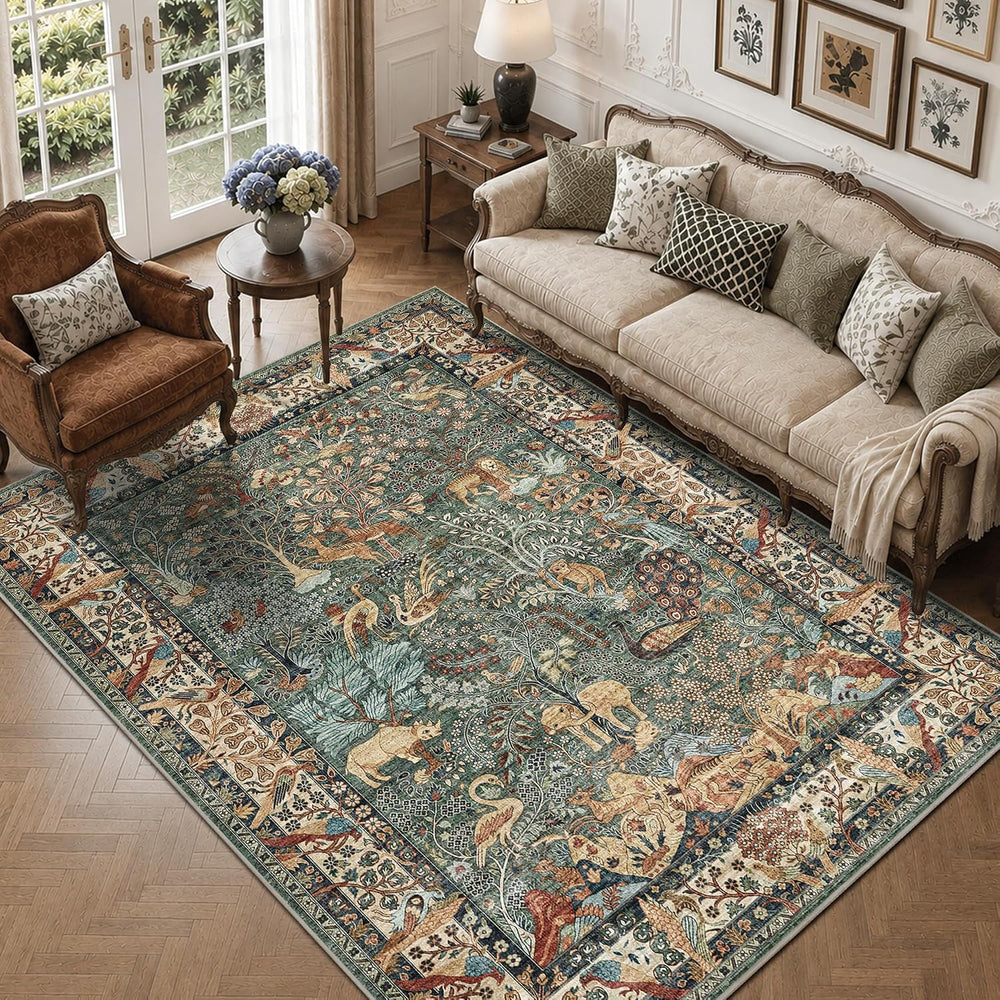 5x7 Washable Area Rug Vintage Animals Print Boho Indoor Carpet