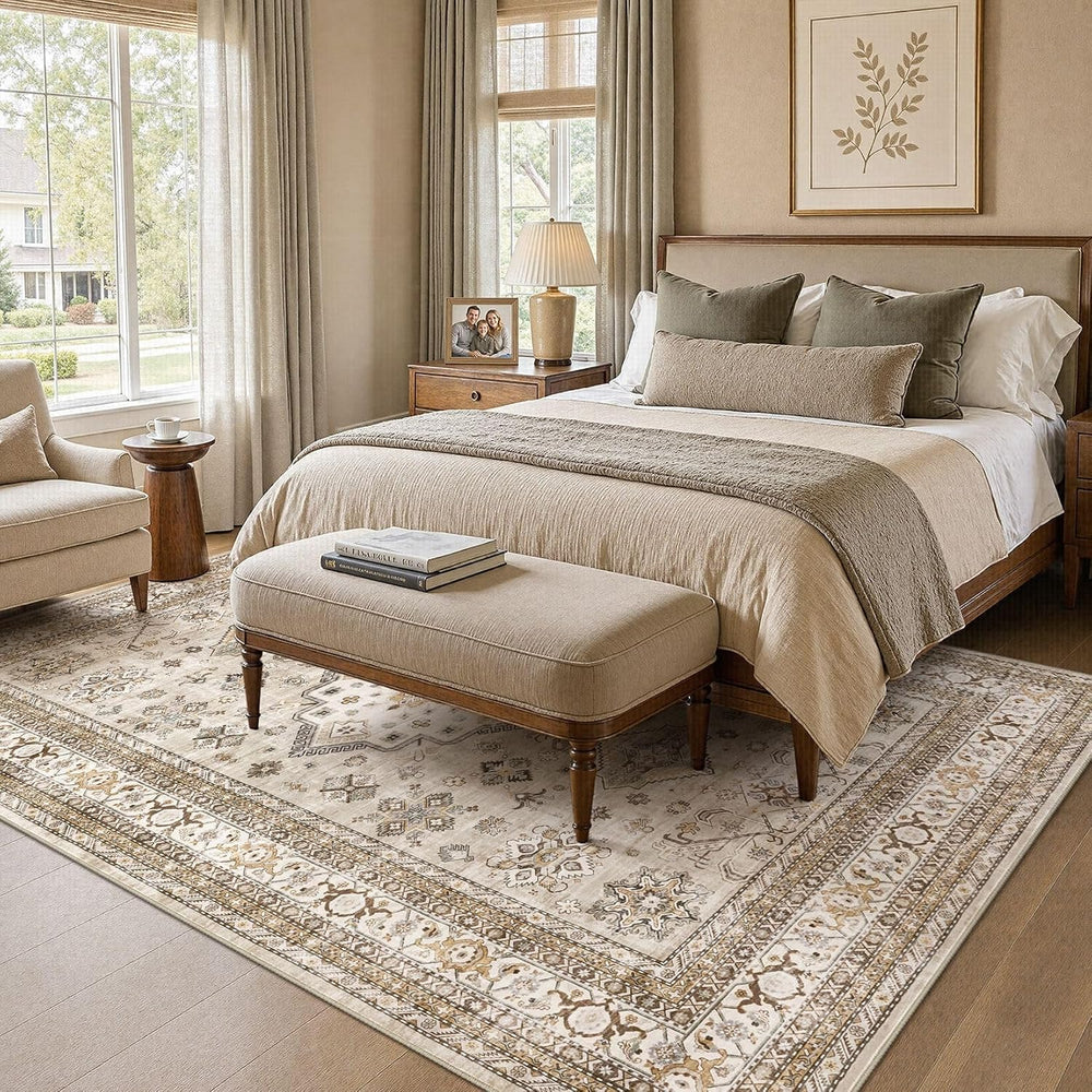 cotiled 6x9 Area Rug for Living Room, Washable, Traditional, Beige