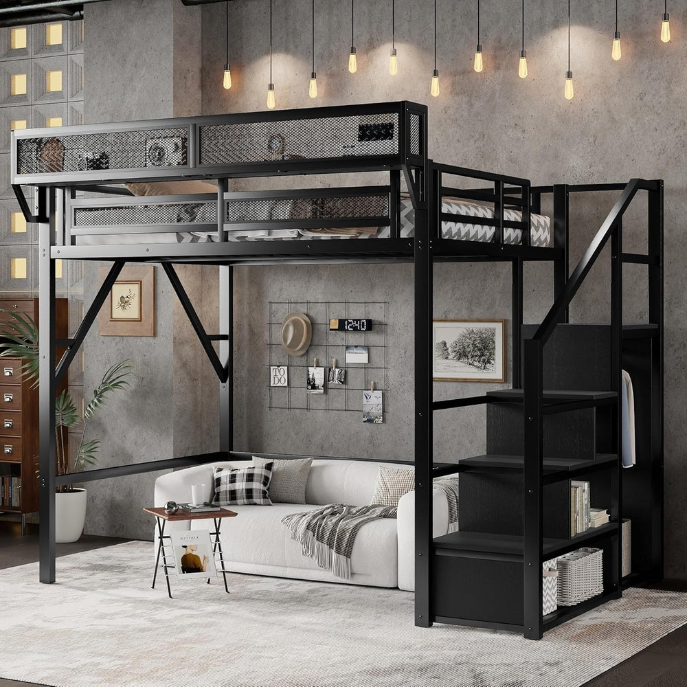 KEIKI Full Size Metal Loft Bed Frame with Convertible Staircase, Built-in Sto...