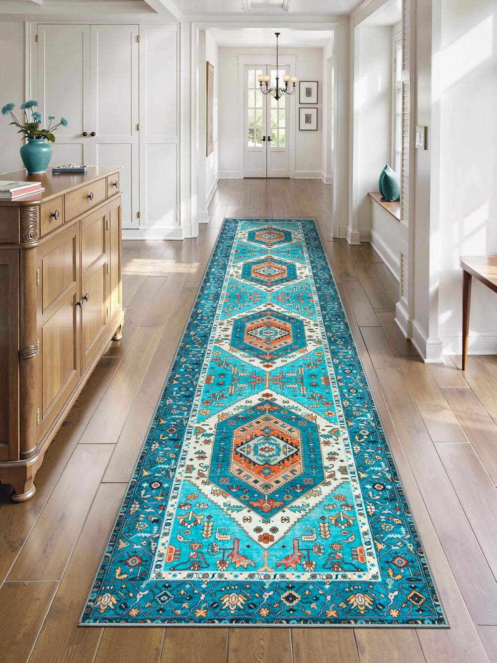 SERISSA Runner Rug for Hallways, Extra Long Boho Rug Ultra Soft Vintage Blue