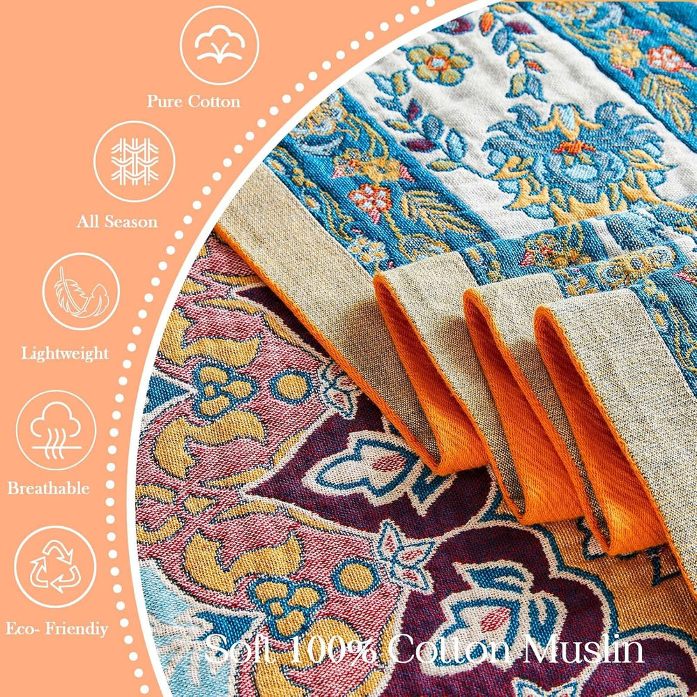 Boho Throw Blanket 100% Cotton Muslin Woven Blanket Bohemian Bed Throws Vinta...
