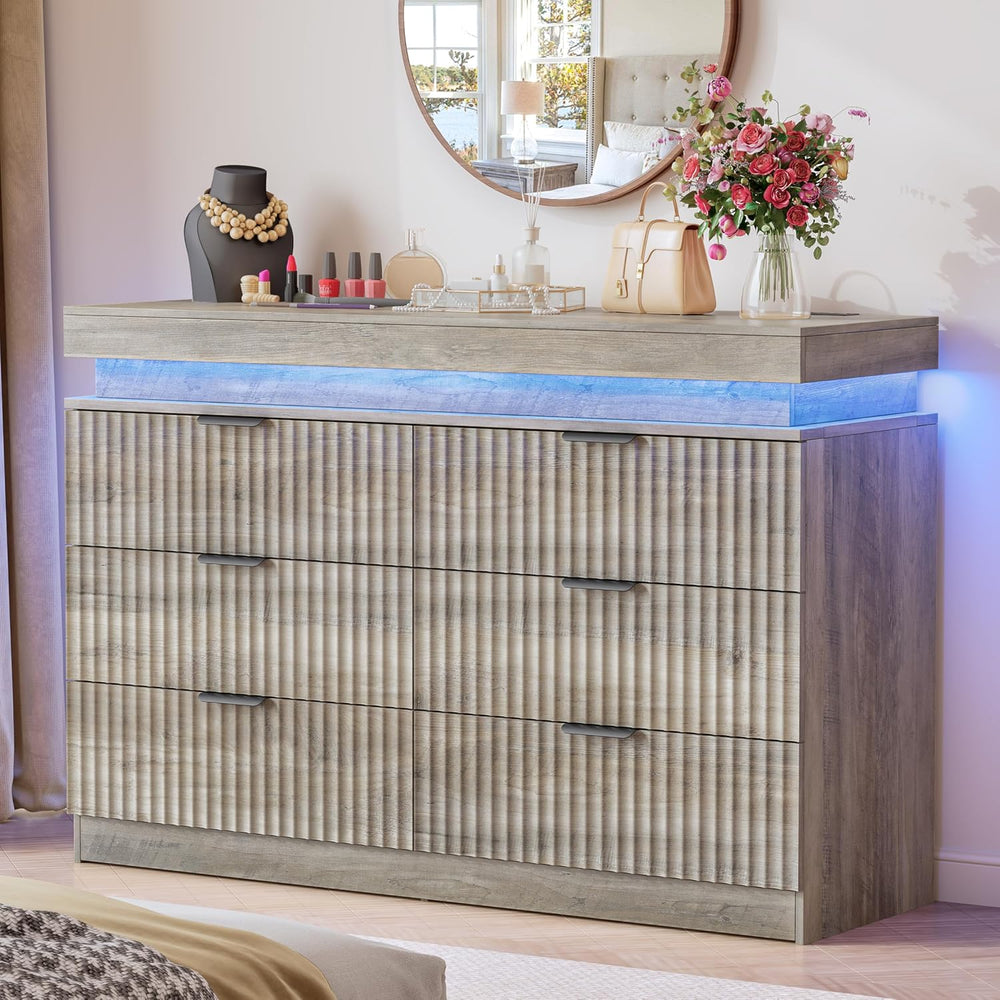 Fluted 6 Drawer Dresser for Bedroom with Charging Station, Grey