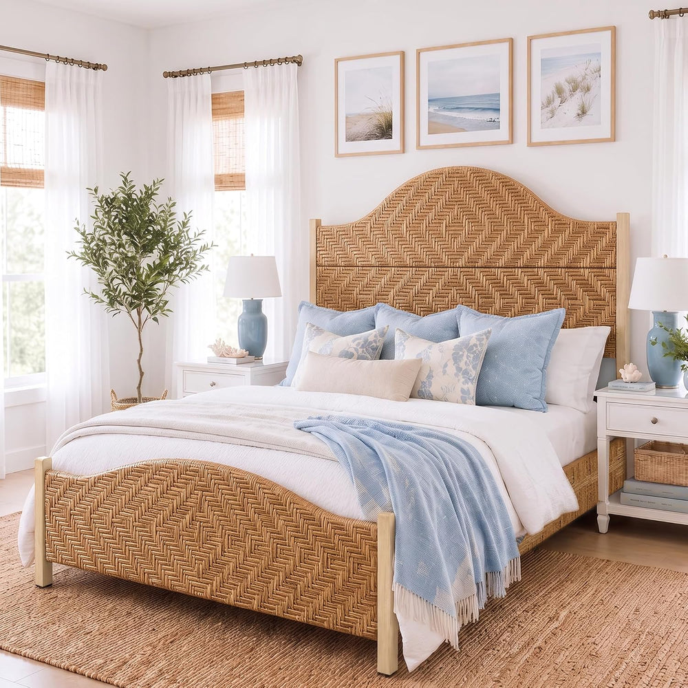 Yechen Queen Size Bed Frame with 56.7" Tall Headboard, Handwoven PE Rattan