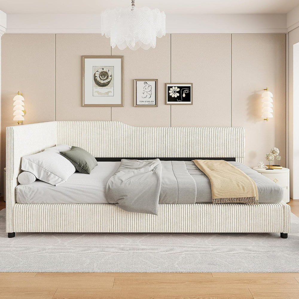 SOFTSEA Full Size Upholstered Corner Bed, Modern Daybed with L-Shaped Backres...