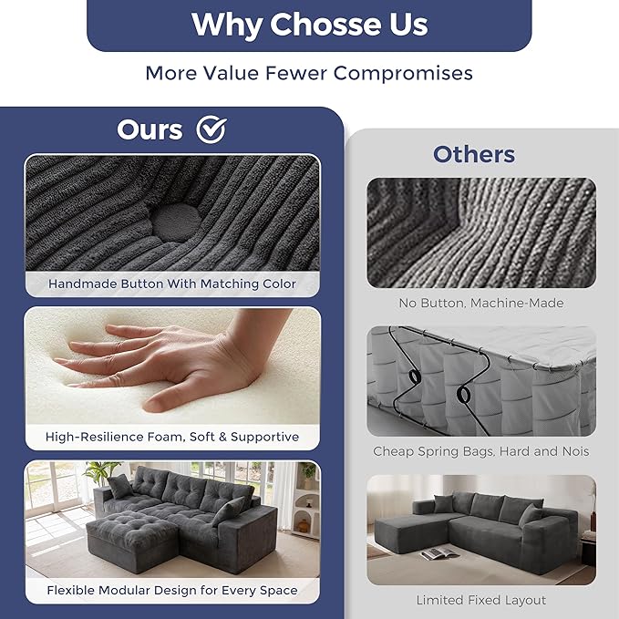 MAXYOYO 104" L Shaped Modular Sectional Sofa with Ottoman, Cloud Boneles...