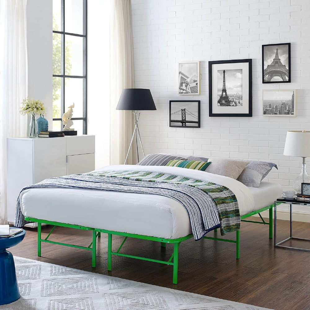 Modway Horizon Queen Bed Frame In Green - Replaces Box Spring - Folding Metal...
