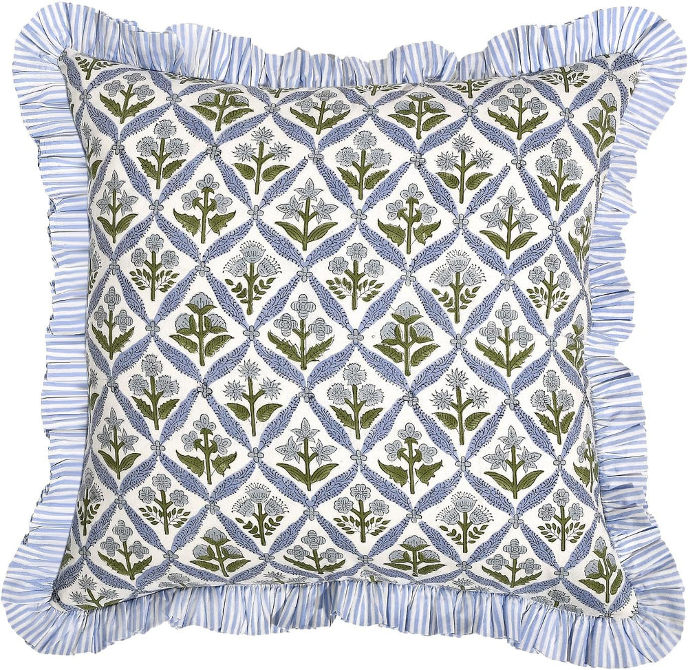 Ridhi Light Steel Blue Floral Block Print Throw Pillow Covers 18 x 18 Inch (S...