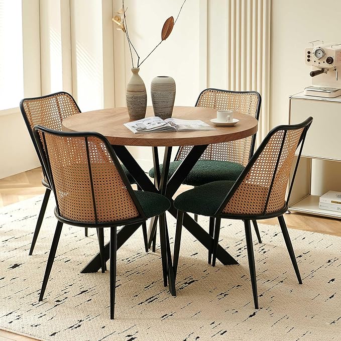 Green Dining Chairs Set of 4, Upholstered Home Kitchen Chairs Woven Rattan Ba...