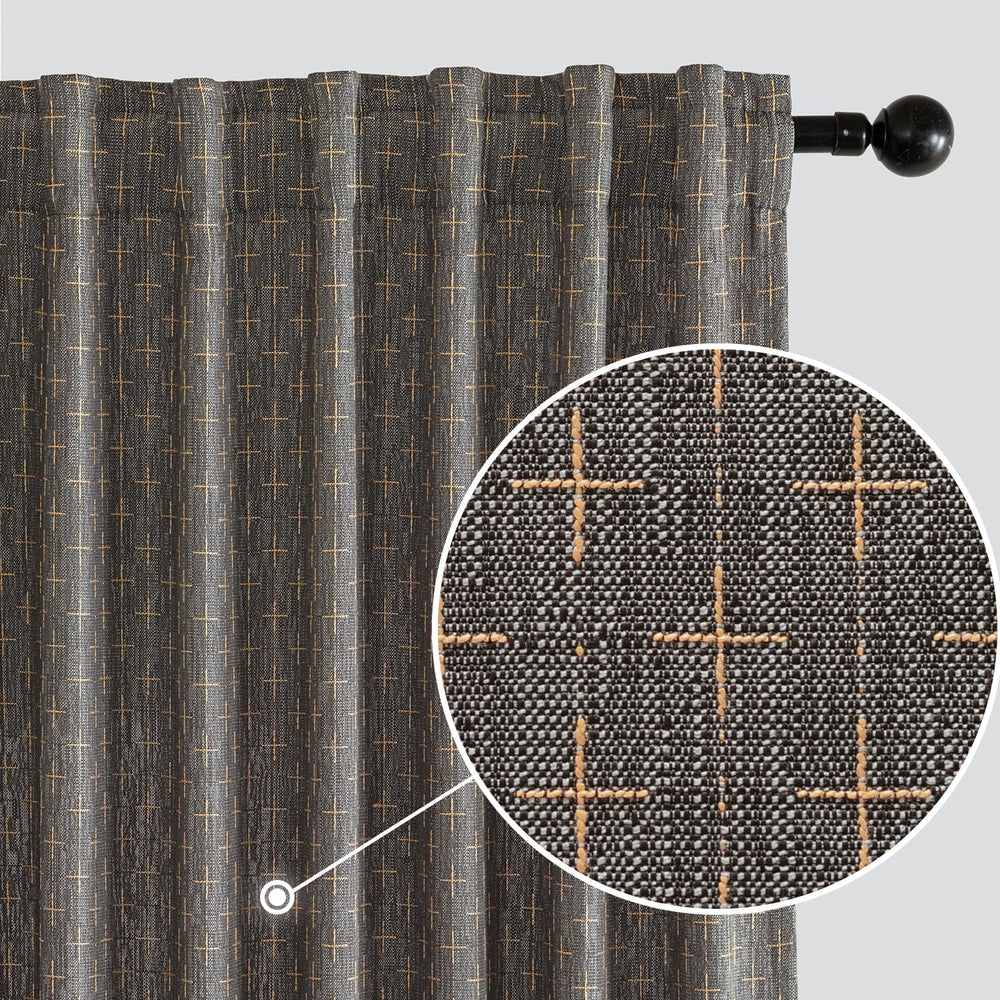 MIULEE Patterned Farmhouse Linen Curtains, Back Tab, 52Wx84L, Dark Grey