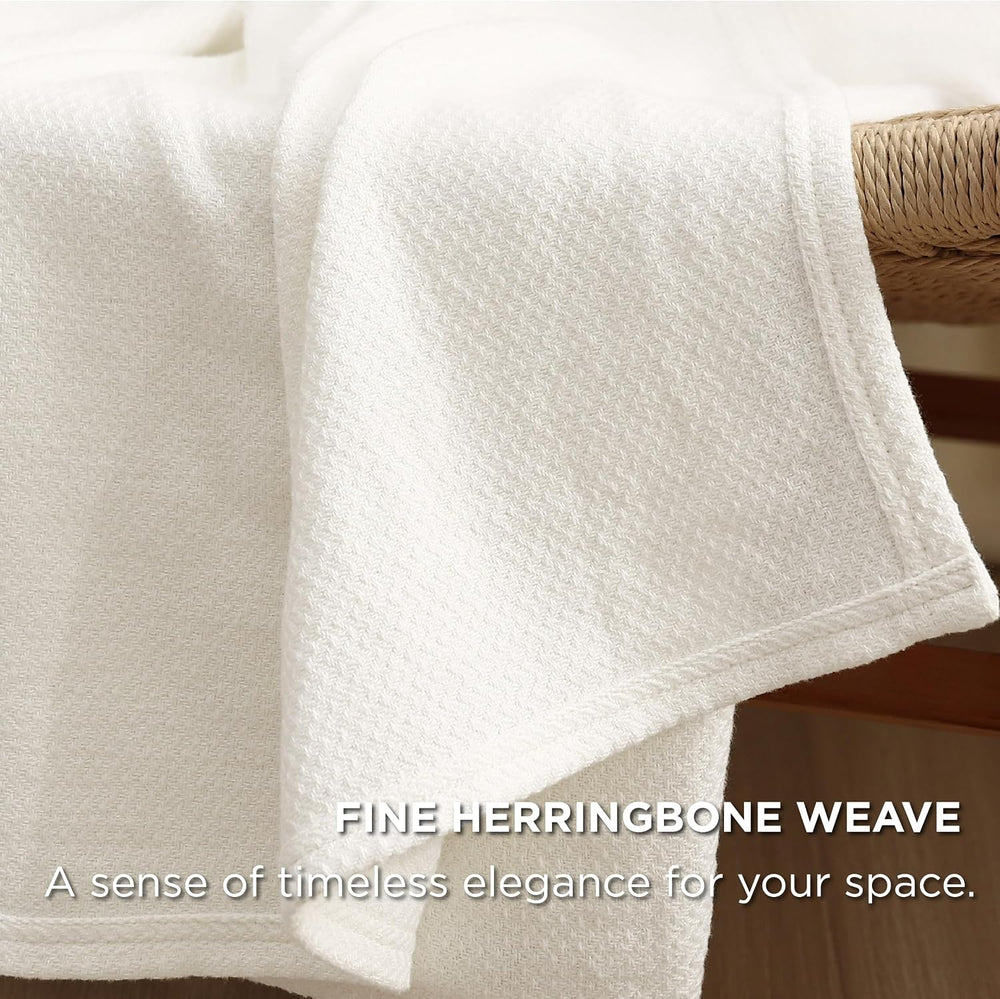 Bedsure 100% Cotton Blanket, Herringbone Weave, Queen Size, Cream