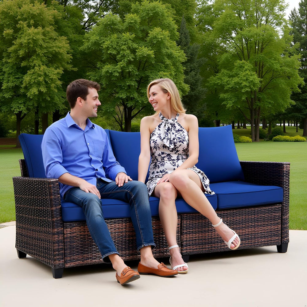 Outdoor Sofa, 3-Seat PE Rattan Couch, Blue