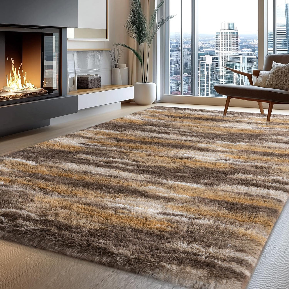 5x7 Abstract Brown Fluffy Rug for Bedroom Living Room Washable Non-Slip
