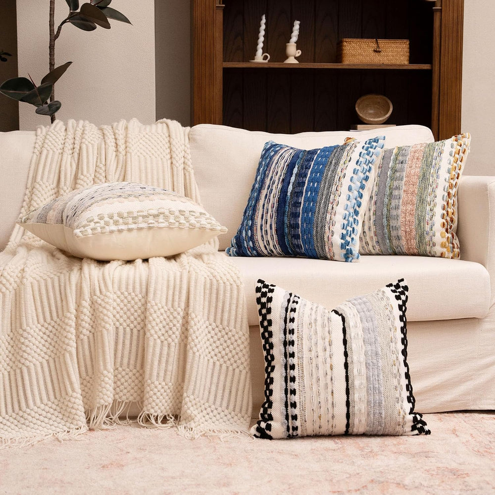 Boho Chenille Tufted Throw Pillow Covers 18x18 Inch Set of 2 Farmhouse Blue W...