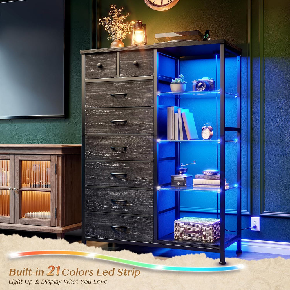 EnHomee Black Dresser with LED Lights & Power Outlets, 8 Drawers, 54" H