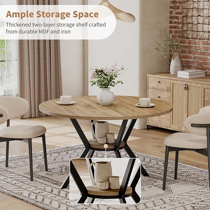 42 Inch Round Dining Table for 2–4, Farmhouse Round Kitchen Table with Storag...