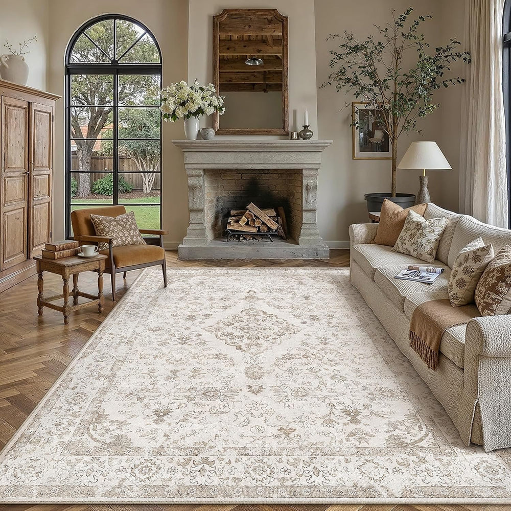 PureCozy 8x10 Washable Neutral Area Rug Living Room Beige Vintage Carpet