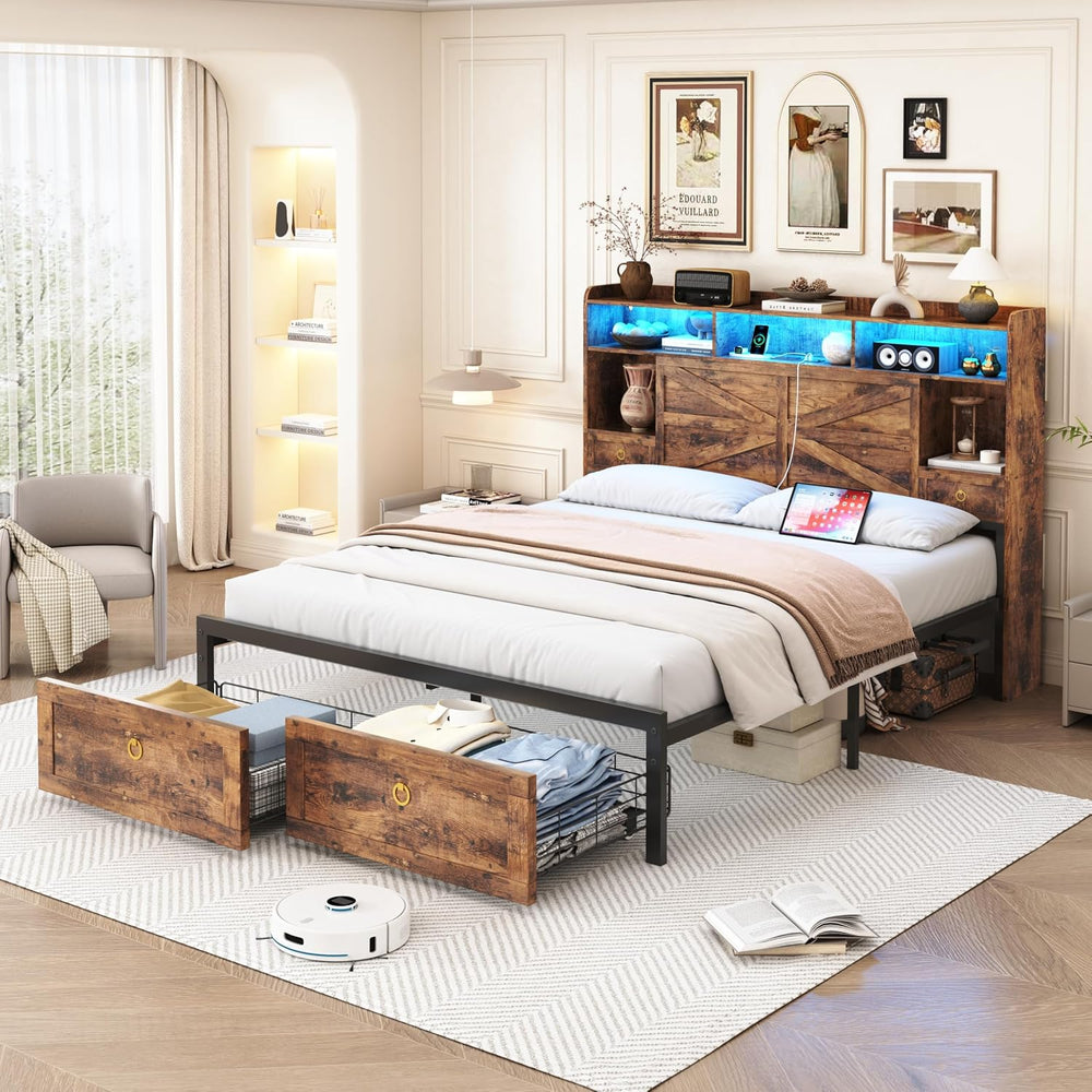Full Bed Frame with 4 Drawers Bookshelf Headboard, Farmhouse Bed Frame with C...