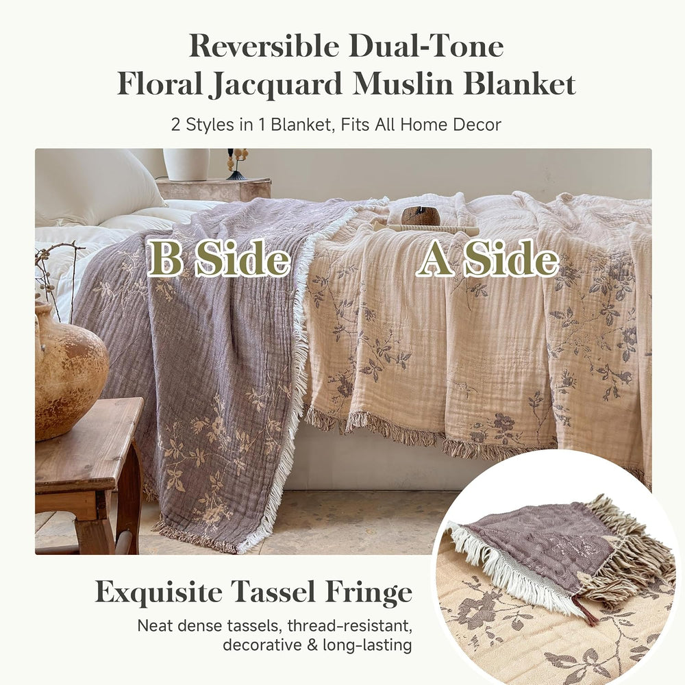 QKTE 100% Cotton Muslin Blanket King Size with Tassels, Lightweight Breathabl...