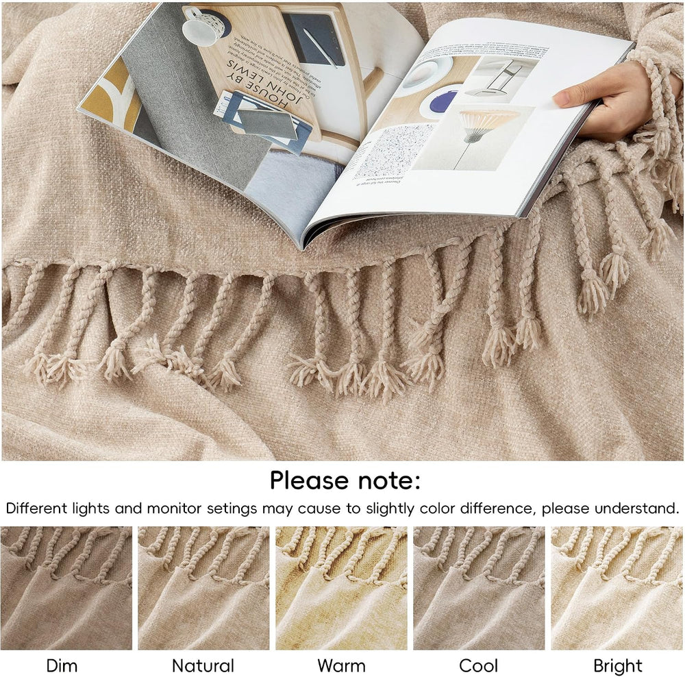 Battilo Beige Chenille Throw Blanket for Couch 50"x60"