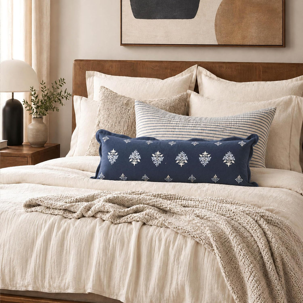 BlissBlush Long Lumbar Pillow Cover 14x36 for Bed, Navy Blue Velvet Decorativ...