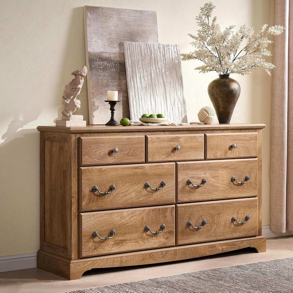 T4TREAM 54" Wide 7 Drawers Dresser Chests for Living Room, Light Knotty Oak
